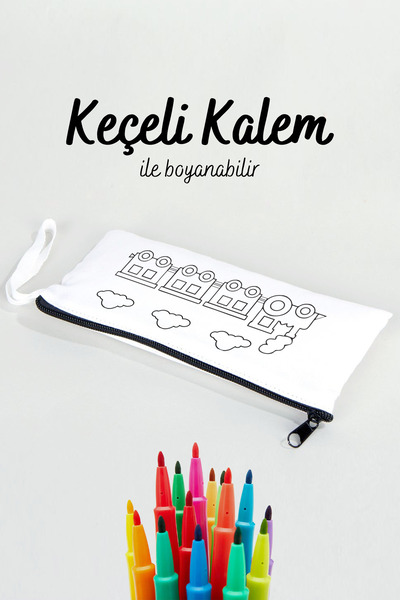 Pamusan Tren Desenli Boyanabilir Bez Kalemlik - 10 Adet - 21x10cm Kalem Çantası - Keçeli Kalemle Boyanabilir