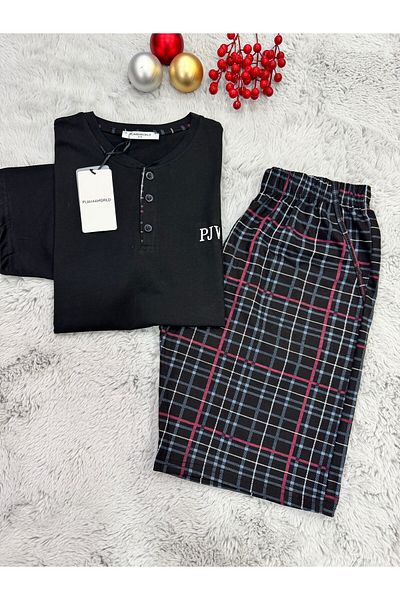 pijamaworld Costum de pijama pentru bărbați cu pantaloni scurți cu mâneci scurte