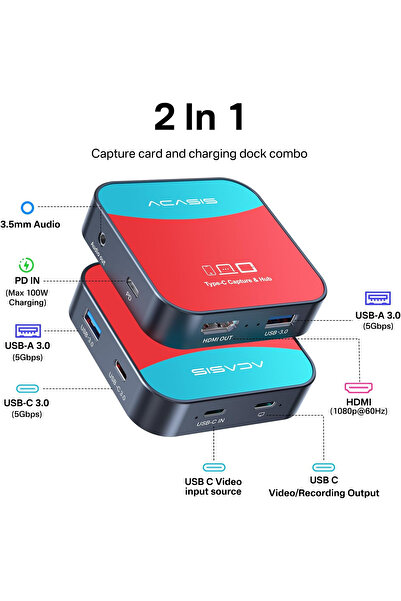 Acasis Type-C Kayıt Cihazı ve HUB, Type-C IN & Type-C OUT, HDMI Out, 2xUSB 3.0, 3,5mm AUX, iPhone