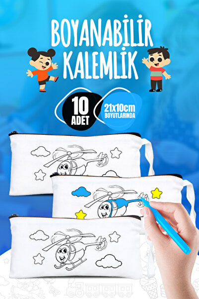 Pamusan Sevimli Helikopter Desenli Boyanabilir Kalemlik - 21x10 Boyutlarında - 10 Adet - Eğitici Aktivite