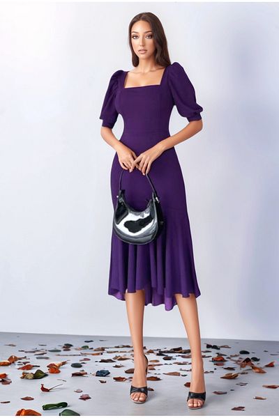 Trendusfashion Rochie midi cu mânecă cu balon cu gât pătrat – Design șic și clasic