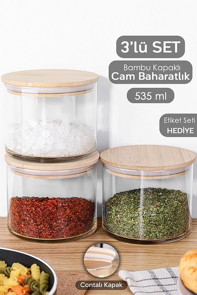 Meleni Home Bamboo Lid Spice Set - 535 ml Vacuum Lid Spice Storage Container and Jar
