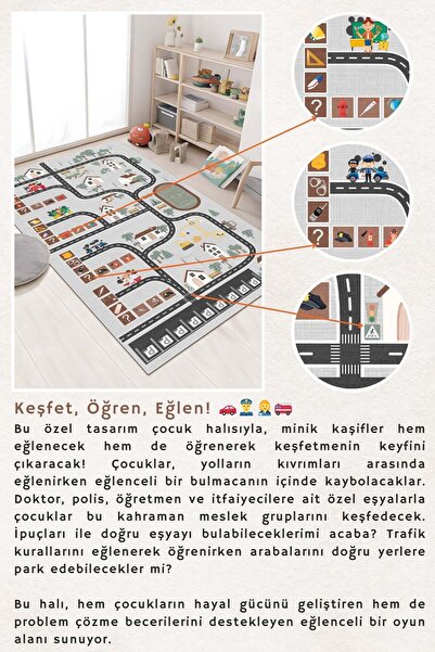 West Home Oyun Halısı Makinede Yıkanabilir Kaymaz Taban Antibakteriyel Yol Desenli Çocuk  Halısı