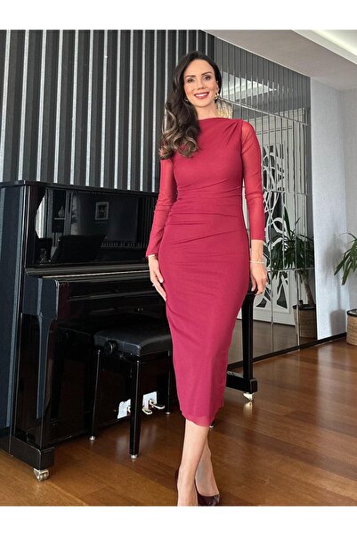 Atelier Derin Bordo Drapeli Tül  Elbise