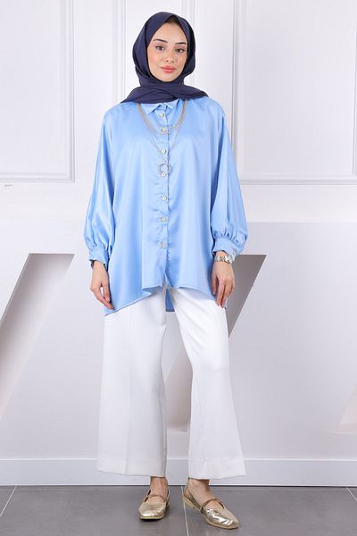İmajButik Baby Blue κρεμαστό υπερμεγέθη σατέν πουκάμισο