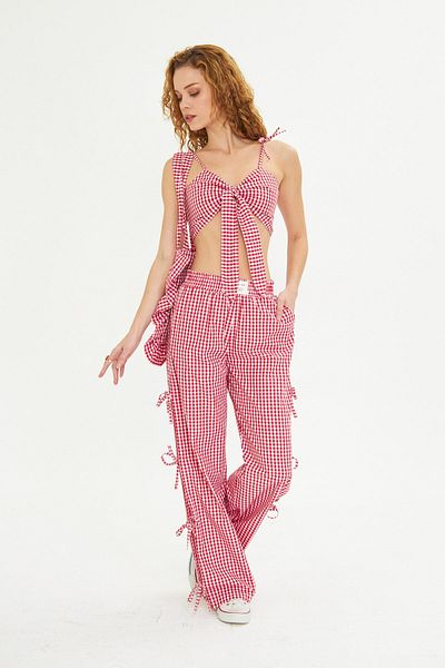 The Champ Clothing Women's Checked Fabric Bag Hair Band Crop and Pants Bottom Top Set Combination