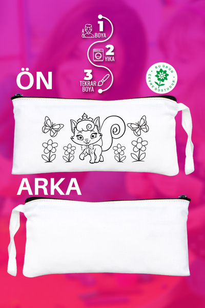 Pamusan Prenses Kedi Desenli Boyanabilir Bez Kalemlik - 10 Adet - 21x10 cm Beyaz Kalem Çantası