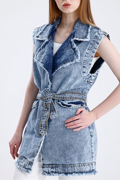 For Angels Vestă lungă din denim cu centură ruptă