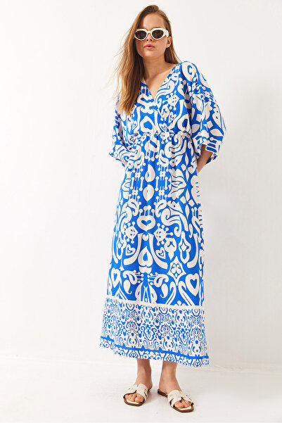 Bianco Lucci Women's Double Breasted Collar Patterned Slit Detailed Woven Viscose Dress 60284018