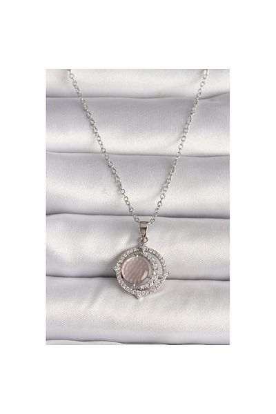 Skygo 316L Steel Silver Color Zircon Stone Pink Pearlescent Crescent Model Women's Necklace - Tj-Bko9701