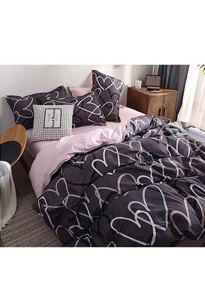 COOYA 6-Piece Double Size Heart Design Duvet Cover Set Cotton Dark Grey/Pink