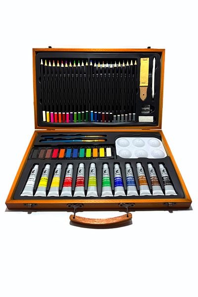 valletta Bergamo 56-Piece Mixed Drawing Painting Media and Art Set with Wooden Carrying Bag