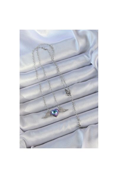 Skygo 316L Steel Chain Silver Color Blue Purple Zircon Stone Winged Heart Necklace - Tj-Bko9162