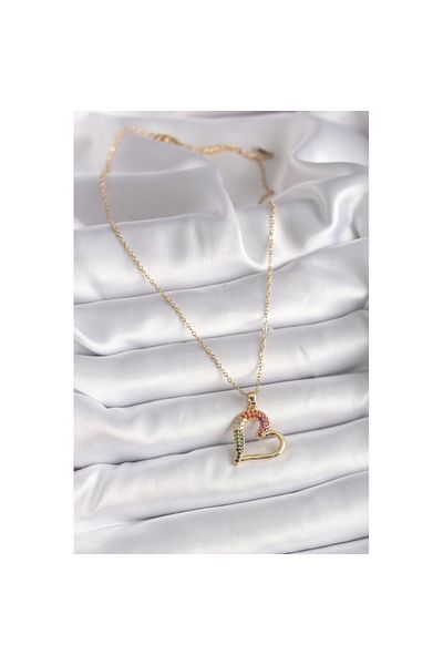 Skygo 316L Steel Gold Color Chain Colorful Zircon Stone Heart Model Women's Necklace - Tj-Bko9503