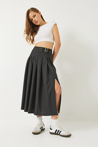 Bianco Lucci Női redőzött hasított övvel részletes A-vonalú midiszoknya 60284017