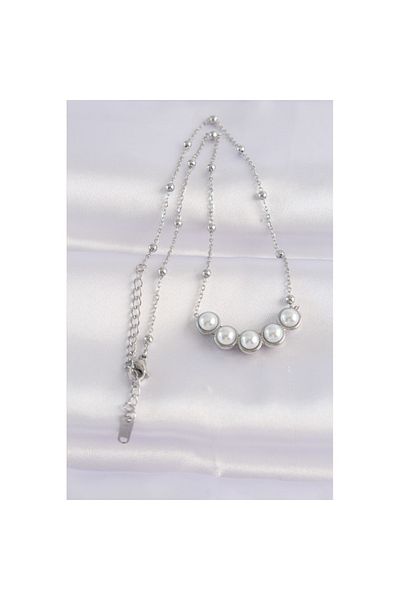 Skygo 316L Steel Chain Silver Color Row Pearl Rhinestone Necklace - Tj-Bko8654
