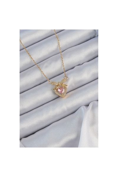 Skygo 316L Steel Chain Gold Color Pink Zircon Stone Heart Necklace with Bow - Tj-Bko9173