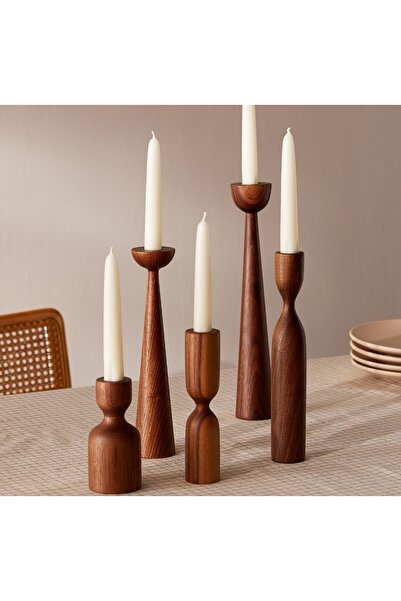 mebaconcept Koyu Ceviz Ahşap 5'li Şamdan Seti – Modern Dekoratif Mumluk (11cm...