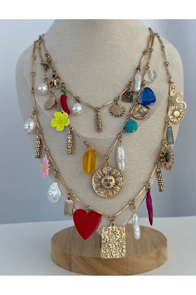 GM TAKI Gold Color Steel Bohemian Charm Necklace – Colorful Stone and Pearl Detailed, Layered Design