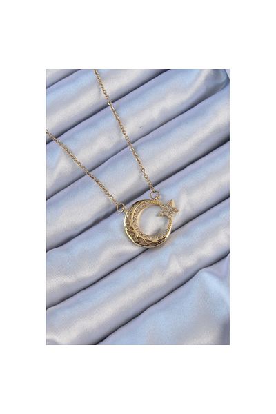 Skygo 316L Steel Chain Gold Color Zircon Stone Motif Moon Star Necklace - Tj-Bko9115