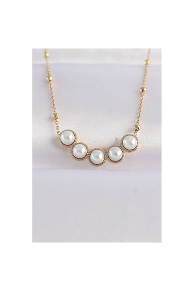 Skygo 316L Steel Chain Gold Color Row Pearl Rhinestone Necklace - Tj-Bko8655