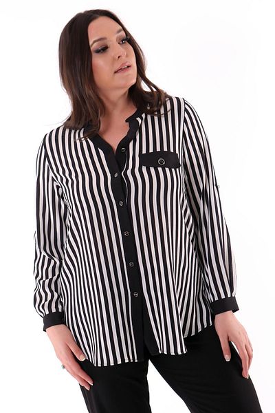 Metpoint Large Size Black Striped V-Neck Shirt