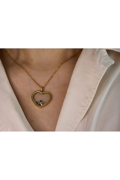 Mia Gold Color Steel Necklace with Flower Heart Inside Swinging