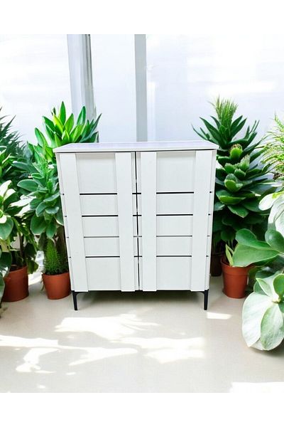 TrentonGCC Crisp White Accent Cabinet - Modern Double Door Storage with Slat Detail