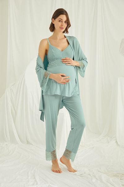 LOHOUSE Monamise Light Green Strappy Maternity Maternity Dress 3-Piece Pajama Set