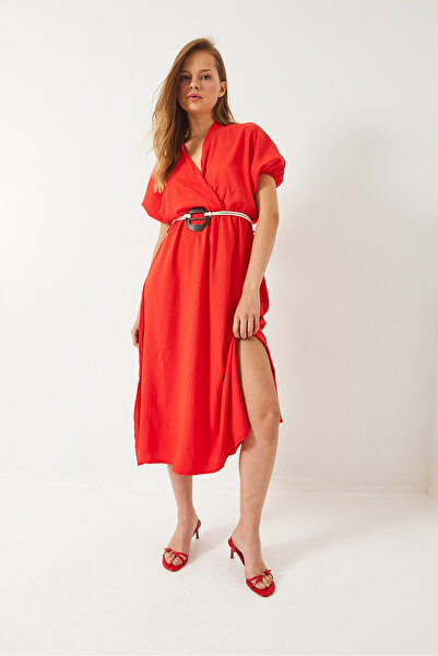 Bianco Lucci Women's Double Breasted Neck Belt Slit Detail Short Sleeve Dress 60261461