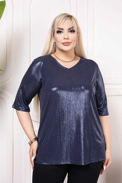 Şans Women's Large Size Navy Blue, V-Neck Gilded Blouse 65N38933