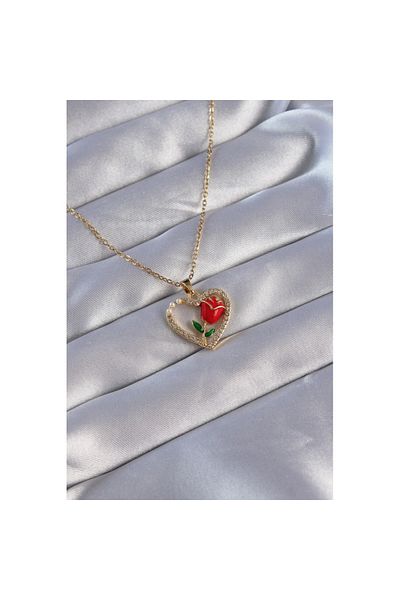 Skygo 316L Steel Chain Gold Color Zircon Stone Heart Inside Red Rose Design Necklace - Tj-Bko8865