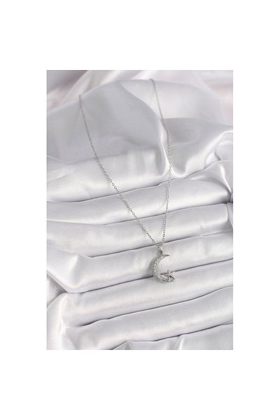Skygo 316L Steel Silver Color Chain Zircon Stone Crescent Model Star Detail Women's Necklace - Tj-Bko9655