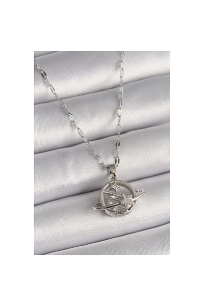 Skygo 316L Steel Silver Color Chain Zircon Stone Star Detail Planet Model Women's Necklace - Tj-Bko9643
