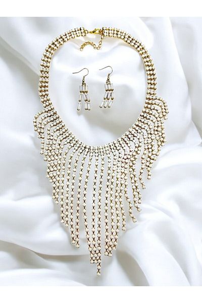 PETEK AKSESUAR Franjed Dangle Necklace Earring Set