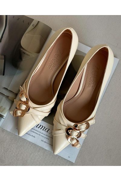 Zuum Gavin Buckle Detailed Women's Heeled Shoes - Ecru Skin