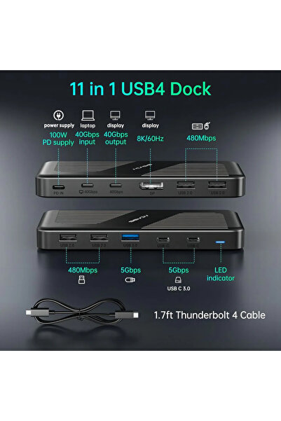 Acasis 11 in 1 , 40Gbps USB4, 1xDP 8K 60Hz, 1xType-C 40 Gbps( 8K60 veya 2x4K6...