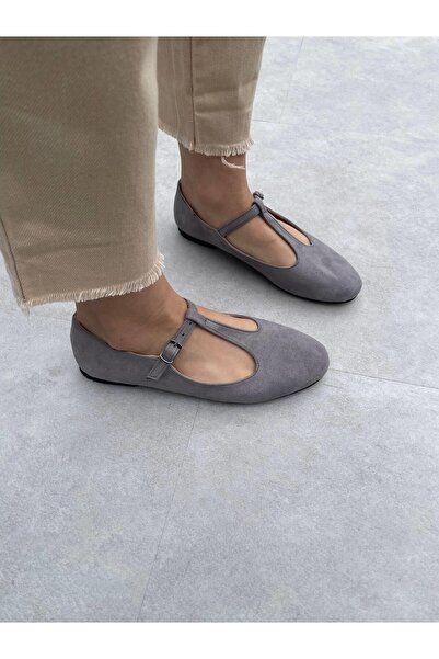 Elvinin Tarzı Lose Gray Suede Buckle Detailed Women's Ballerinas