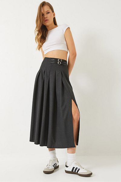 Bianco Lucci Damen Midi-Rock mit plissiertem Schlitz und Gürtel in A-Linie 60284017