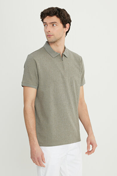 ALTINYILDIZ CLASSICS Men's Khaki Cotton Slim Fit Slim Fit Zippered Collar Jacquard Stretch T-Shirt
