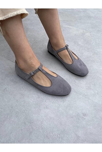 Elvinin Tarzı Lose Gray Suede Buckle Detailed Women's Ballerinas
