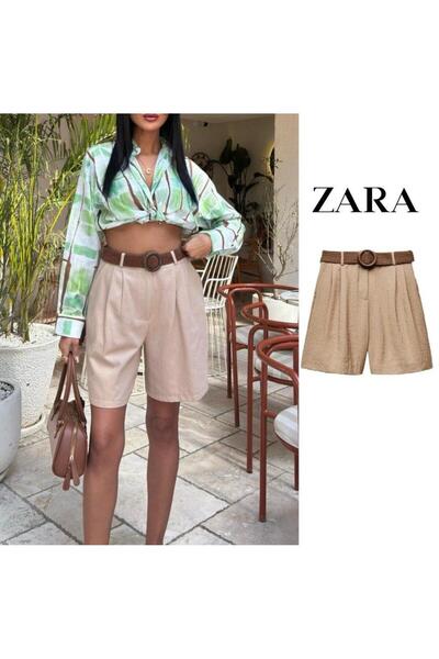 LadiesandLittles KADIN HASIR KEMERLİ KETEN BERMUDA ŞORT