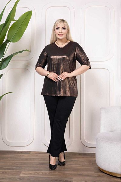 Şans Women's Plus Size Mink, V-Neck Leaf Blouse 65N38933
