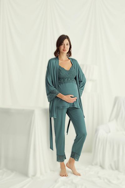 LOHOUSE Green Strappy Maternity Maternity Dressing Gown 3-Piece Pajama Set