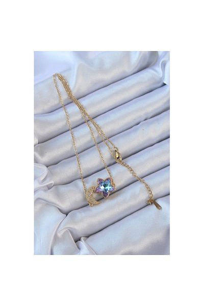Skygo 316L Steel Chain Gold Color Moon Design Colorful Zircon Stone Flower Necklace - Tj-Bko9135