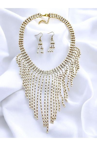 PETEK AKSESUAR Franjed Dangle Necklace Earring Set