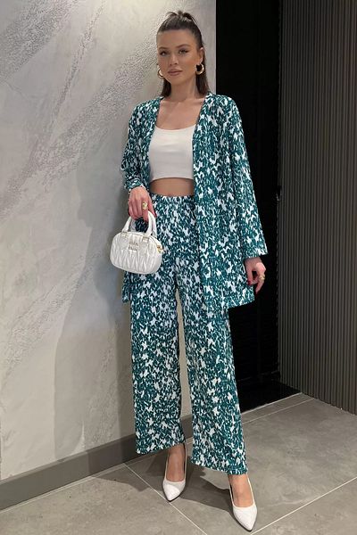 GÜLSELİ Emerald Green Women's Patterned Kimono Pants Double Set