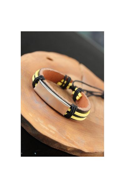 Skygo Yellow Black Color Leather Men's Bracelet with Metal Accessories - TJ-EB2531-KS
