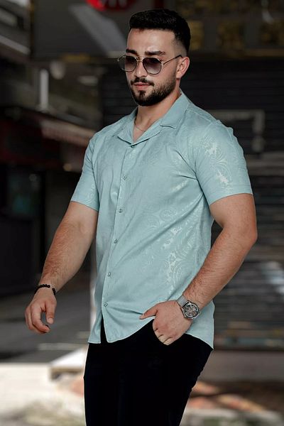 MİSHAR İTALİA Ανδρικό πουκάμισο Aerobin με μοτίβο Mint Slim Fit