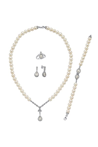 Birinci1926 925 Ayar Gümüş Kadın Damla Zirkon Taşlı Doğal Incili Küpe Kolye Bileklik Yüzük Dörtlü Set